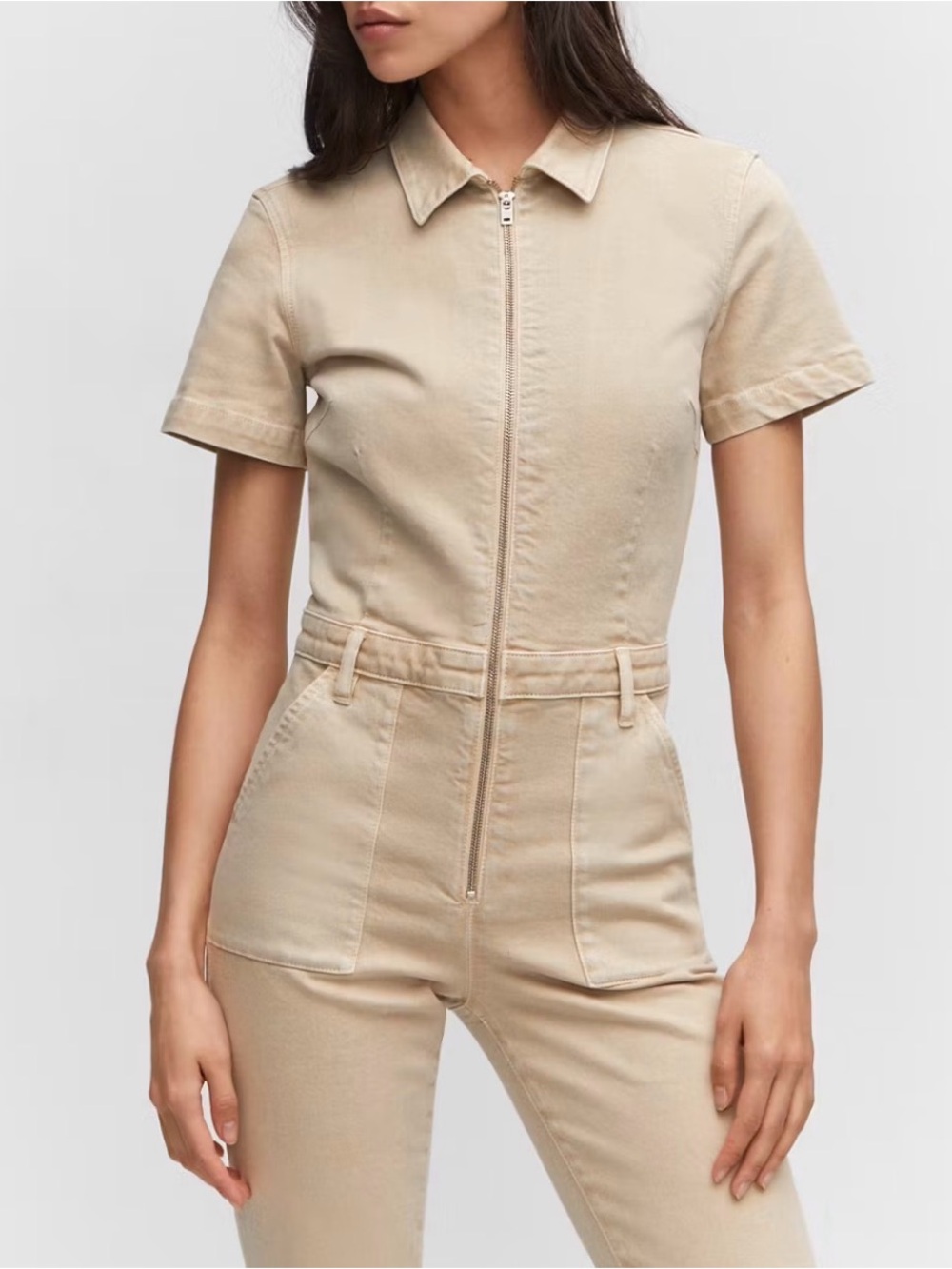 Mango Denim Zipper Jumpsuit in Neutral Beige